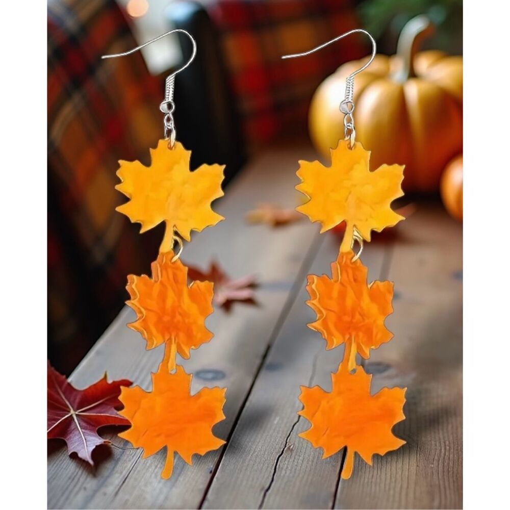 NWT Acrylic Autumn Fall Thanksgiving Iridescent Orange Maple Leaf Earrings